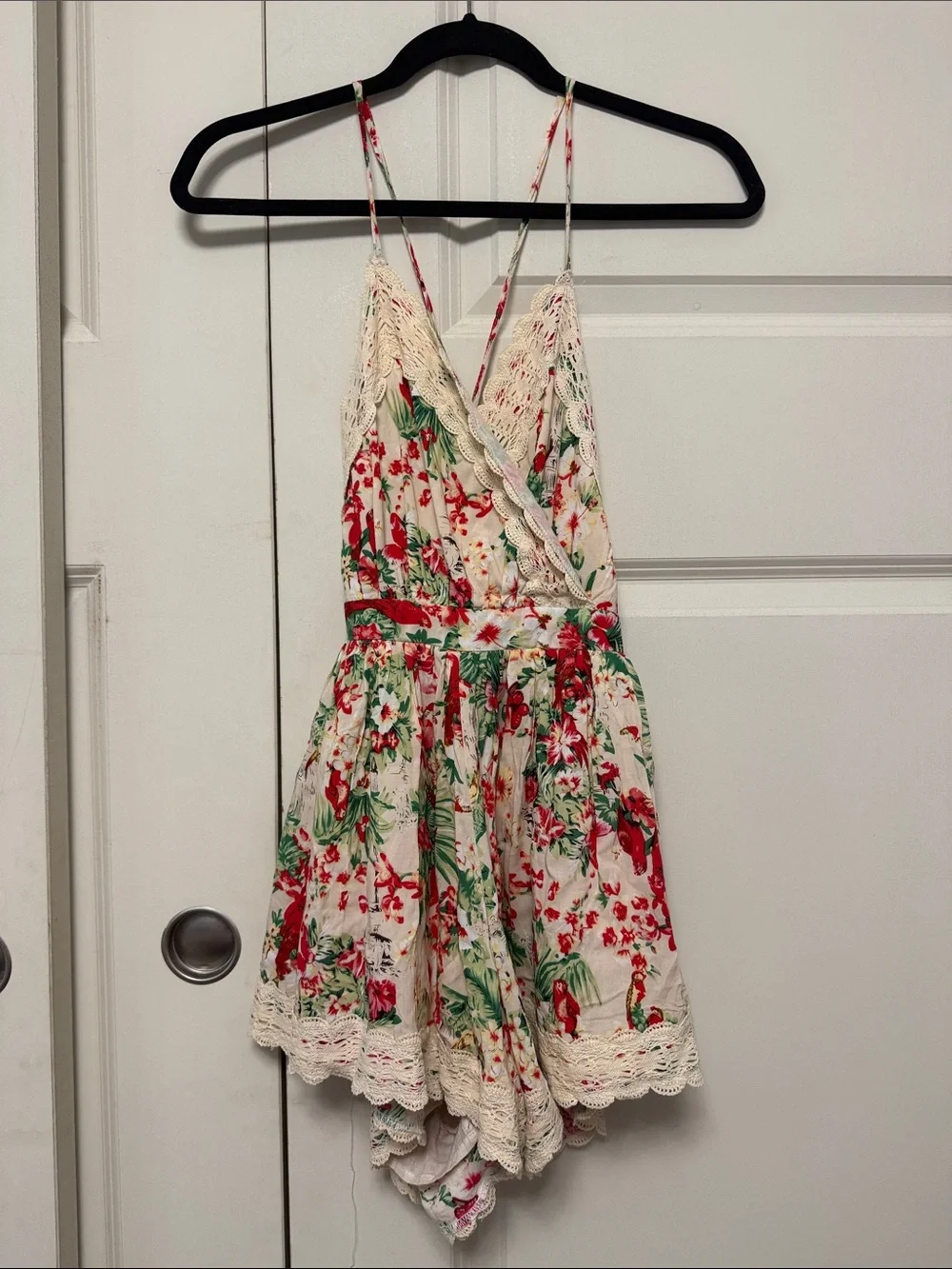 PAPER HEART Floral Lace-Trim Romper in Cream, Red & Green SZ 8
